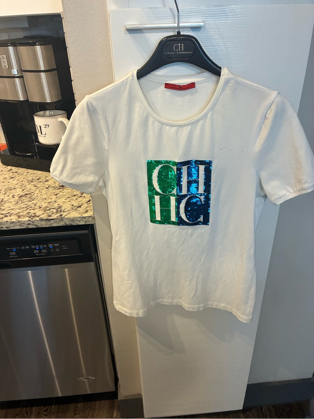 Two different Carolina Herrera White Tee with Green and Blue Sequin Detail